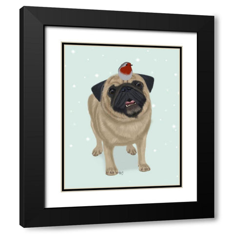 Christmas Pug and Robin Black Modern Wood Framed Art Print with Double Matting by Fab Funky