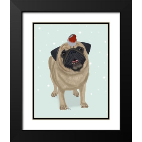 Christmas Pug and Robin Black Modern Wood Framed Art Print with Double Matting by Fab Funky