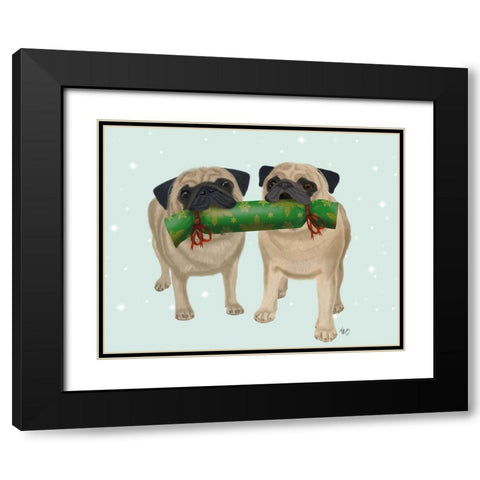 Christmas Pug Pair and Cracker Black Modern Wood Framed Art Print with Double Matting by Fab Funky