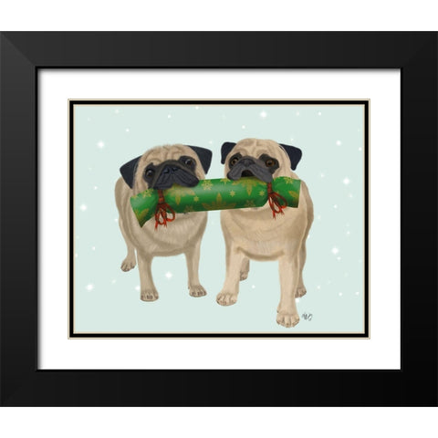 Christmas Pug Pair and Cracker Black Modern Wood Framed Art Print with Double Matting by Fab Funky