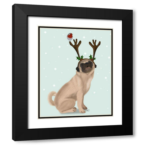 Christmas Pug with Antlers and Robin Black Modern Wood Framed Art Print with Double Matting by Fab Funky
