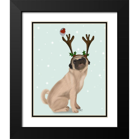 Christmas Pug with Antlers and Robin Black Modern Wood Framed Art Print with Double Matting by Fab Funky