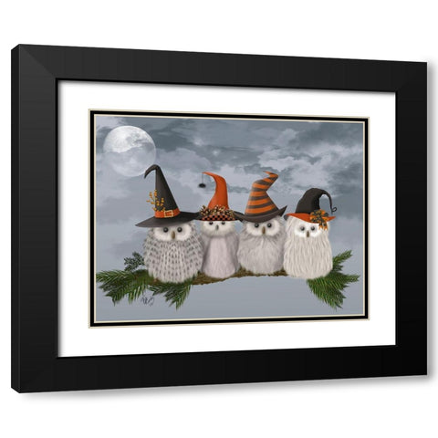 Halloween Halloween Owls on Branch Black Modern Wood Framed Art Print with Double Matting by Fab Funky