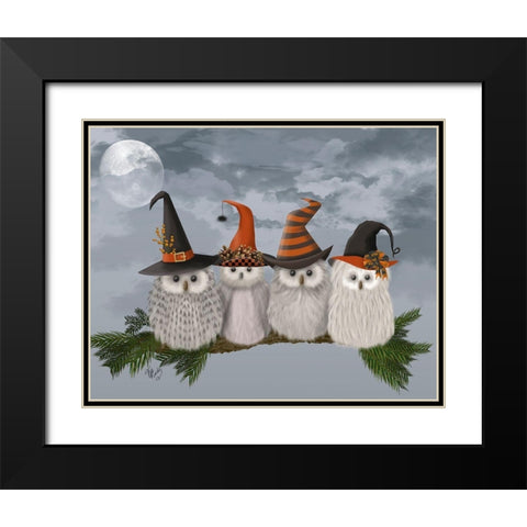 Halloween Halloween Owls on Branch Black Modern Wood Framed Art Print with Double Matting by Fab Funky