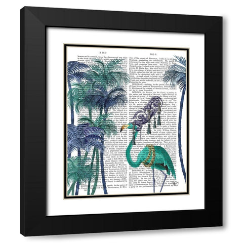Green Flamingo Palm Trees Black Modern Wood Framed Art Print with Double Matting by Fab Funky