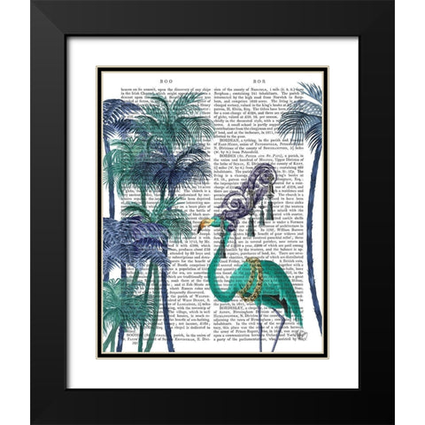 Green Flamingo Palm Trees Black Modern Wood Framed Art Print with Double Matting by Fab Funky