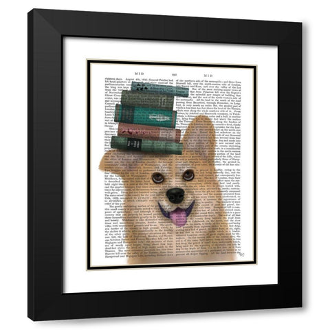 Corgi and Books Black Modern Wood Framed Art Print with Double Matting by Fab Funky