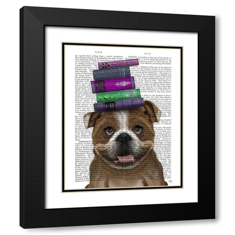 English Bulldog And Books Black Modern Wood Framed Art Print with Double Matting by Fab Funky