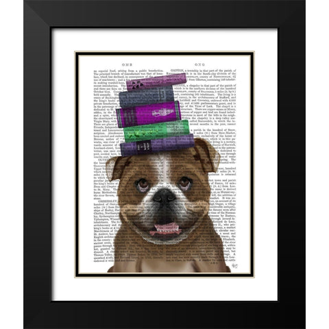 English Bulldog And Books Black Modern Wood Framed Art Print with Double Matting by Fab Funky