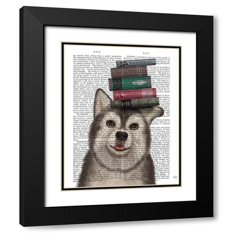 Husky and Books Black Modern Wood Framed Art Print with Double Matting by Fab Funky