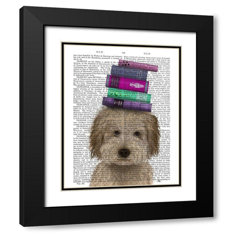 Labradoodle, Cream, and Books Black Modern Wood Framed Art Print with Double Matting by Fab Funky
