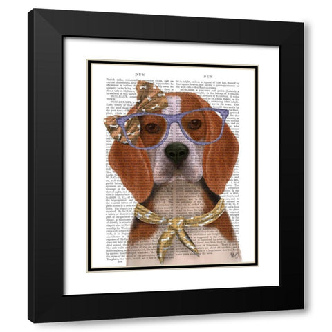 Beagle with Glasses and Scarf Black Modern Wood Framed Art Print with Double Matting by Fab Funky