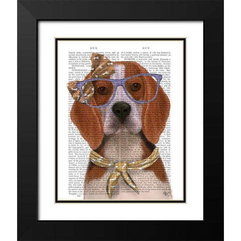Beagle with Glasses and Scarf Black Modern Wood Framed Art Print with Double Matting by Fab Funky