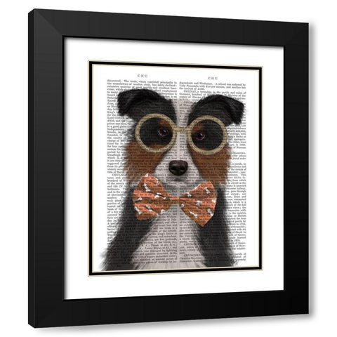 Border Collie, Tricolour, with Glasses and Bow Tie Black Modern Wood Framed Art Print with Double Matting by Fab Funky