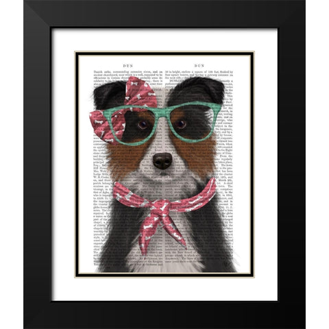 Border Collie, Tricolour, with Glasses and Scarf Black Modern Wood Framed Art Print with Double Matting by Fab Funky