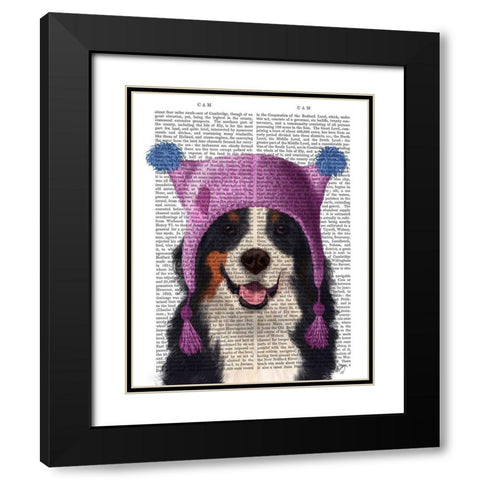 Bernese And Bobble Hat Black Modern Wood Framed Art Print with Double Matting by Fab Funky