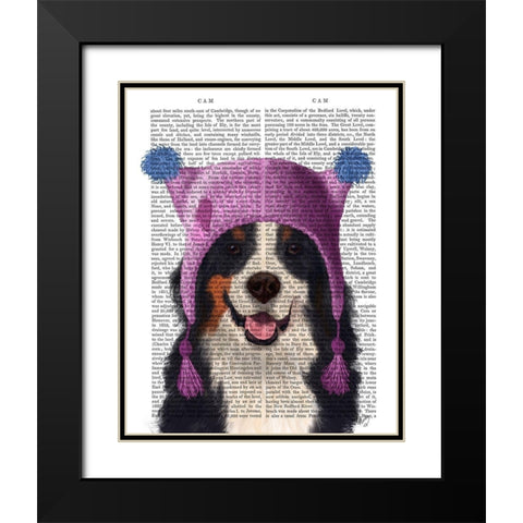 Bernese And Bobble Hat Black Modern Wood Framed Art Print with Double Matting by Fab Funky