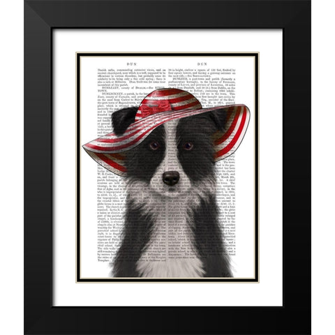 Border Collie in Red and White Floppy Hat Black Modern Wood Framed Art Print with Double Matting by Fab Funky
