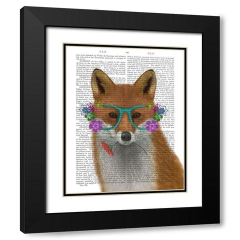 Fox and Flower Glasses Black Modern Wood Framed Art Print with Double Matting by Fab Funky