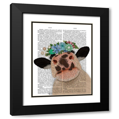 Cow with Flower Crown 2 Book Print Black Modern Wood Framed Art Print with Double Matting by Fab Funky