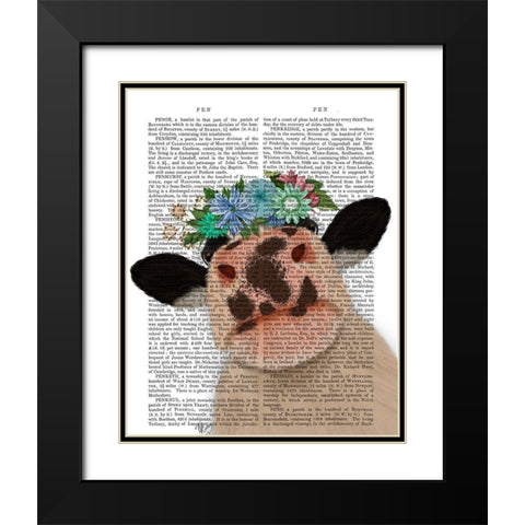 Cow with Flower Crown 2 Book Print Black Modern Wood Framed Art Print with Double Matting by Fab Funky
