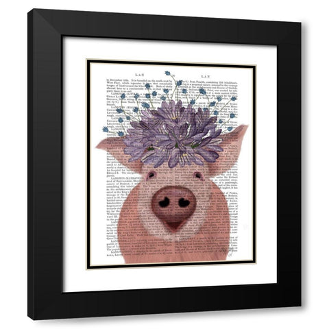 Pig and Lilac Flowers Book Print Black Modern Wood Framed Art Print with Double Matting by Fab Funky