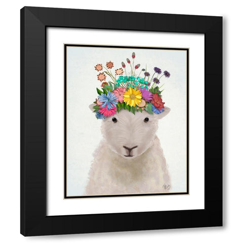 Sheep with Flower Crown 1 Black Modern Wood Framed Art Print with Double Matting by Fab Funky