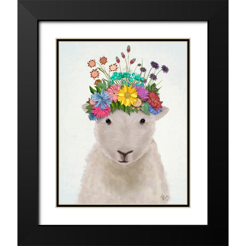 Sheep with Flower Crown 1 Black Modern Wood Framed Art Print with Double Matting by Fab Funky