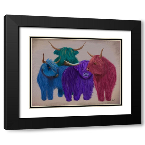 Highland Cows, Multicoloured Herd Black Modern Wood Framed Art Print with Double Matting by Fab Funky
