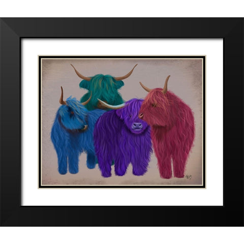 Highland Cows, Multicoloured Herd Black Modern Wood Framed Art Print with Double Matting by Fab Funky
