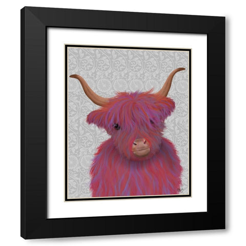Highland Cow 7, Pink And Purple, Portrait Black Modern Wood Framed Art Print with Double Matting by Fab Funky