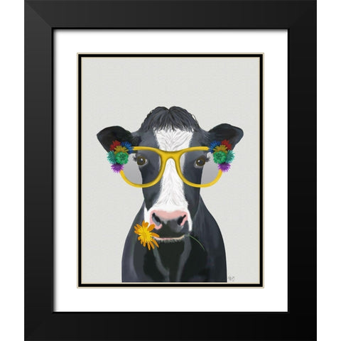 Cow and Flower Glasses Black Modern Wood Framed Art Print with Double Matting by Fab Funky