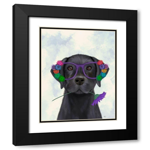 Black Labrador and Flower Glasses Black Modern Wood Framed Art Print with Double Matting by Fab Funky