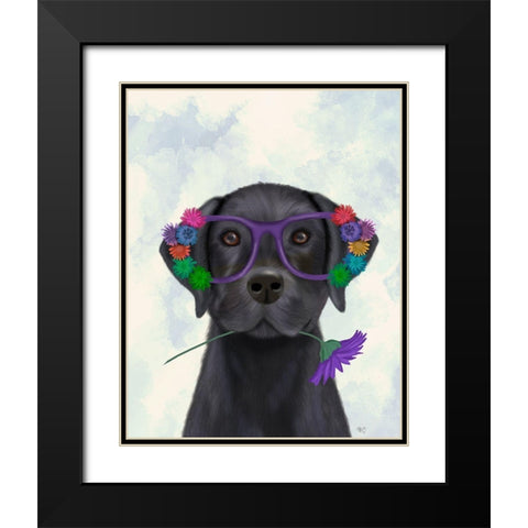 Black Labrador and Flower Glasses Black Modern Wood Framed Art Print with Double Matting by Fab Funky
