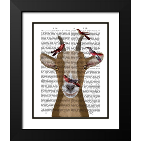 Goat and Red Birds Book Print Black Modern Wood Framed Art Print with Double Matting by Fab Funky
