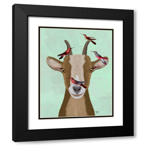 Goat and Red Birds Black Modern Wood Framed Art Print with Double Matting by Fab Funky