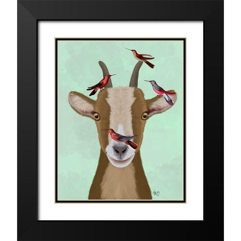 Goat and Red Birds Black Modern Wood Framed Art Print with Double Matting by Fab Funky