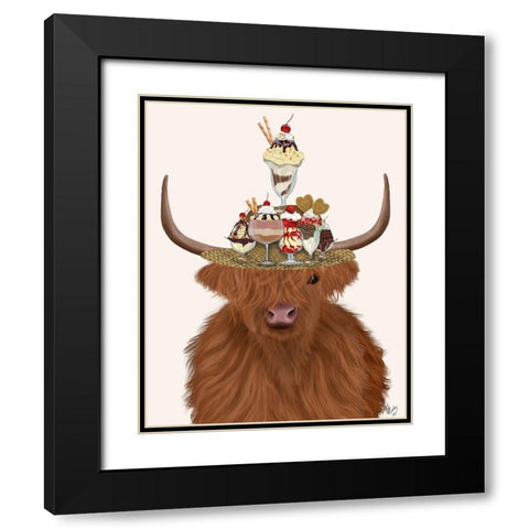 Highland Cow and Ice Cream Hat Black Modern Wood Framed Art Print with Double Matting by Fab Funky