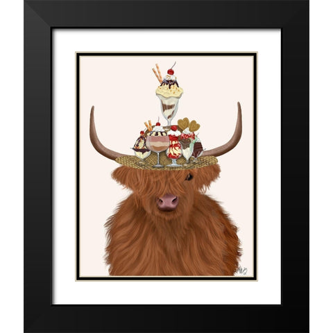 Highland Cow and Ice Cream Hat Black Modern Wood Framed Art Print with Double Matting by Fab Funky