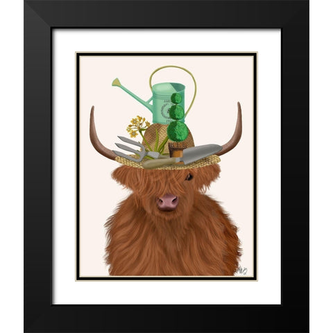 Highland Cow and Gardeners Hat Black Modern Wood Framed Art Print with Double Matting by Fab Funky