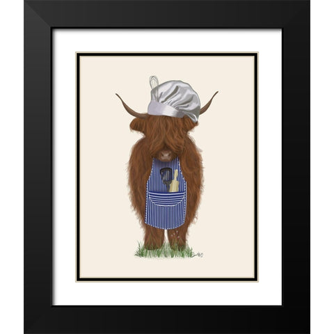 Highland Cow Chef Black Modern Wood Framed Art Print with Double Matting by Fab Funky