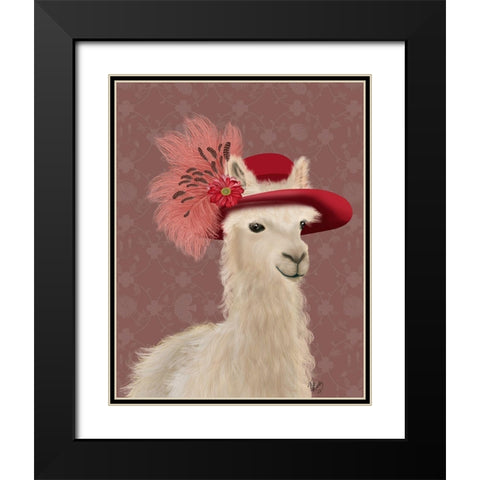 Llama Red Feather Hat Black Modern Wood Framed Art Print with Double Matting by Fab Funky