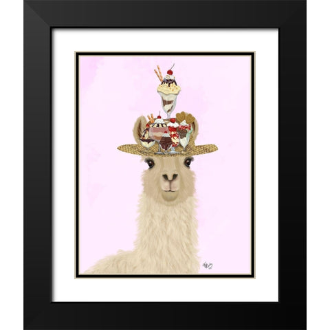Llama Ice Cream Hat Black Modern Wood Framed Art Print with Double Matting by Fab Funky
