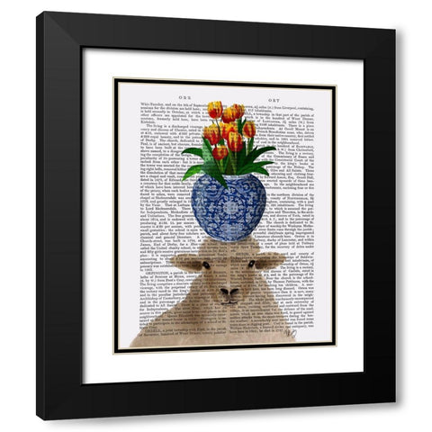 Sheep and Tulips Book Print Black Modern Wood Framed Art Print with Double Matting by Fab Funky