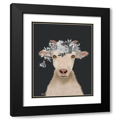 Goat 1, White Flowers Black Modern Wood Framed Art Print with Double Matting by Fab Funky
