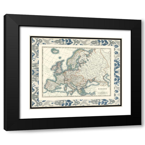 Bordered Map of Europe Black Modern Wood Framed Art Print with Double Matting by Johnston