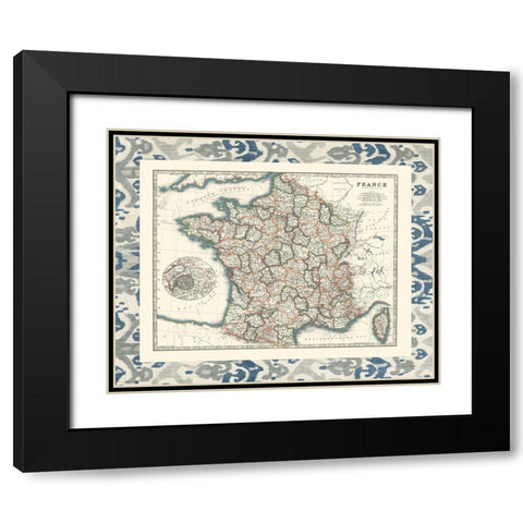 Bordered Map of France Black Modern Wood Framed Art Print with Double Matting by Johnston