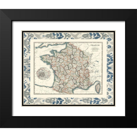 Bordered Map of France Black Modern Wood Framed Art Print with Double Matting by Johnston