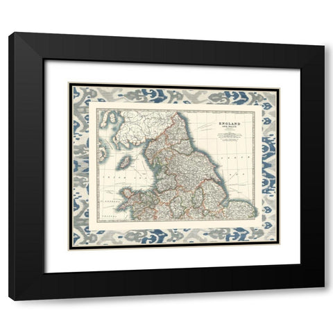 Bordered Map of England And Wales Black Modern Wood Framed Art Print with Double Matting by Johnston