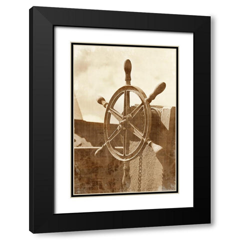 Sepia Ships Wheel I Black Modern Wood Framed Art Print with Double Matting by Vision Studio